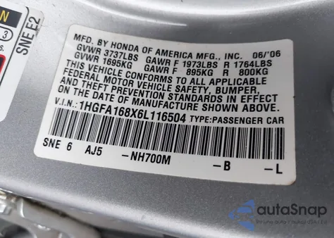 2006 Honda Civic Ex from USA, damaged, VIN 1HGFA168X6L116504